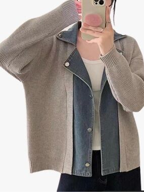 Womens Grey Knit and Denim Trim Button-Front Cardigan Hoodie